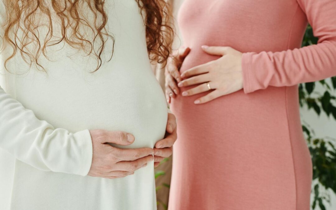 Two expectant women gently holding their pregnant bellies, symbolizing motherhood and maternity.